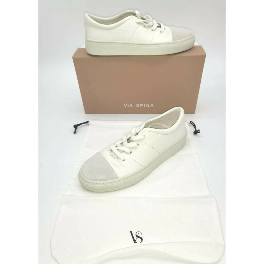 Via Spiga Women's Sybil Cap Toe Low Top Sneaker Milk White Leather Size 6.5
